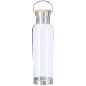 A drink bottle made of clear glass with a metal base and wooden lid. It features a handle and a logo.