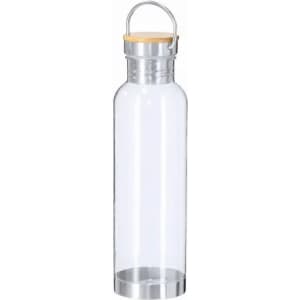 A drink bottle with a clear body, silver base, and a wooden lid. It features a metal loop for easy carrying.
