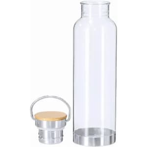 A clear drink bottle with a silver base and a natural wood lid, featuring a metal handle.