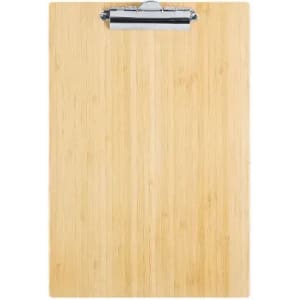 A wooden clipboard with a metal clip at the top, featuring a smooth bamboo surface.