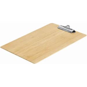 A bamboo clipboard with a silver metal clip on top. The surface is smooth and natural in colour.