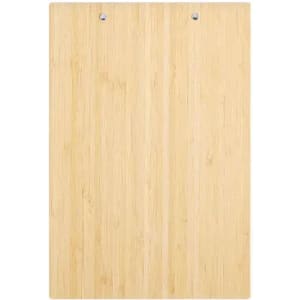 A bamboo cutting board with a smooth surface and two metal hanging holes at the top.