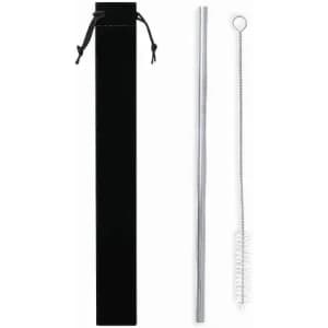 A stainless steel drinking straw with a cleaning brush, displayed alongside a black storage pouch.