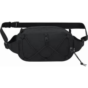 A black waist bag with an adjustable strap and various compartments. It has a logo on the front.