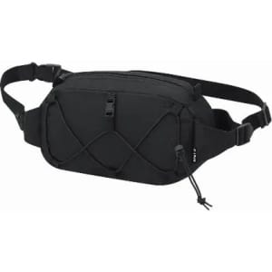 A black waist bag with multiple compartments, featuring a front zip pocket and adjustable straps.