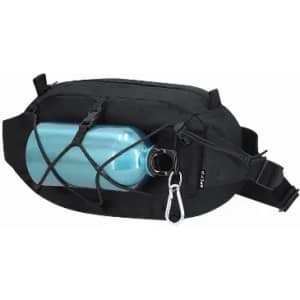 A drink bottle in a light blue colour secured inside a black waist bag with a logo and adjustable strap.