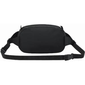 A black waist bag featuring a zippered compartment and adjustable strap. It has a simple, modern design.