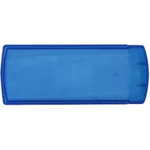 A drink bottle in a solid blue colour with a sleek, curved design and a lid. It features a logo on the surface.