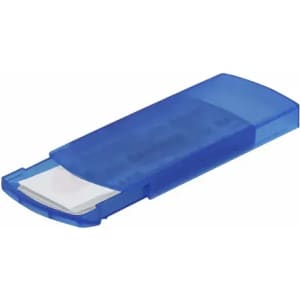 A blue plastic case for holding cards or small items, featuring a smooth, curved design and a secure closure.