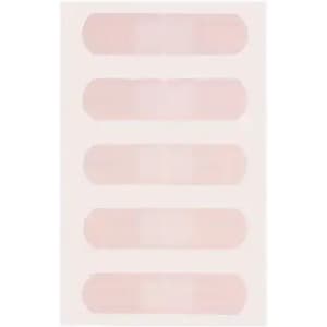 A sheet of pale pink adhesive bandages in various sizes, featuring a simple design and a white backing.