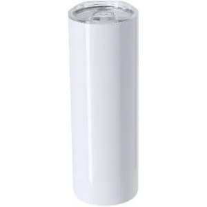 A drink bottle in white with a clear lid, featuring a smooth surface and a simple design, has a branding logo.