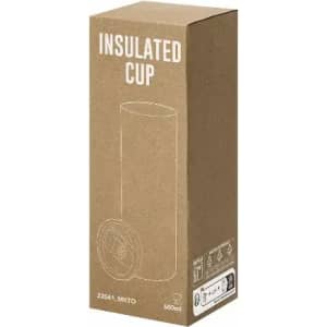 A drink bottle in a tall, cylindrical brown box, designed for an insulated cup, showcasing minimalistic branding.