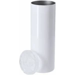 A drink bottle in a sleek white design with a clear lid, featuring a simple, modern shape.