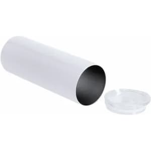 A drink bottle in glossy white with a silver interior and a clear lid resting beside it. It features a logo.