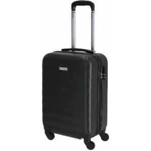 A black cabin-sized suitcase with a sleek design, four wheels, and a retractable handle. It features a logo on the front.