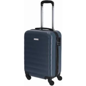 A blue hard-shell suitcase with a retractable handle and four wheels. It features a logo on the front.