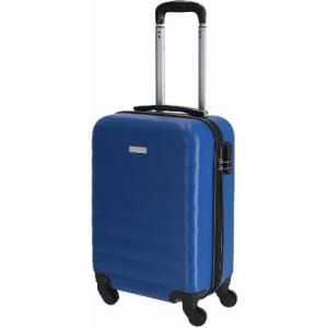 A blue suitcase with a hard shell, retractable handle, and four wheels for easy movement, featuring a logo on the front.