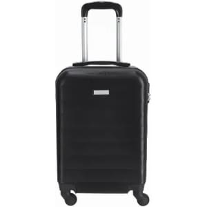 A black suitcase with a hard shell, retractable handle, and four wheels for mobility. It features a logo on the front.