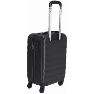 A black hard-shell suitcase with a retractable handle and wheels for mobility. It features a textured surface.