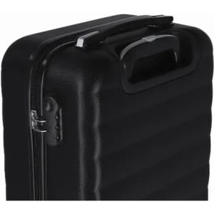 A hard-shell suitcase in black, featuring a textured surface and a carry handle. It has a zip closure and metal accents.