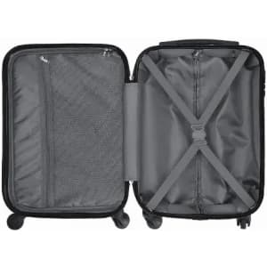 A hard-shell suitcase with a black exterior, featuring grey interior compartments and straps for securing items.