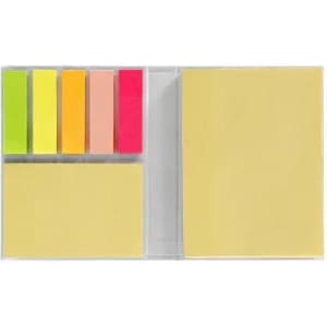 A set of sticky notes in various colours, including yellow, green, orange, pink, and red, arranged in a clear holder.