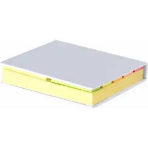 A set of sticky note pads with a white cover, featuring bright yellow and pastel-coloured notes inside.