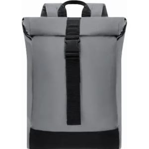 A grey roll-top backpack with a black base and strap closure. The bag features two adjustable shoulder straps.
