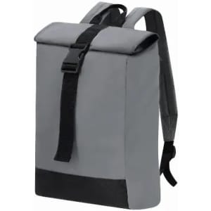 A backpack in grey with a black base, featuring adjustable straps and a fold-over top closure.