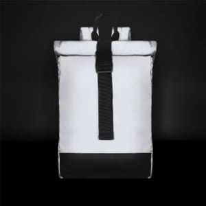 A backpack in white with a black bottom, featuring a top flap and adjustable straps. It has a logo on it.