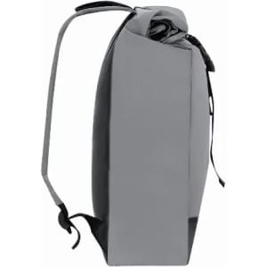 A grey backpack with a sleek design and adjustable straps, featuring a roll-top closure.
