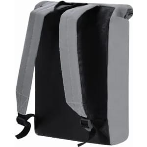 A backpack with a grey and black colour scheme featuring adjustable straps and a sleek design.
