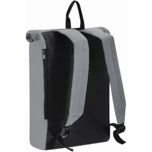 A backpack in black and grey, featuring padded straps and a zippered pocket on the side. It has a sleek, modern design.