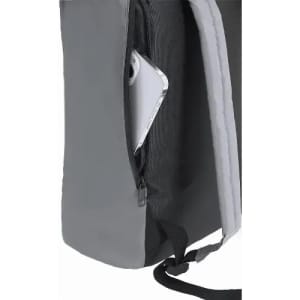 A grey backpack with a side zip pocket containing a white device, featuring a strap and padded sides.