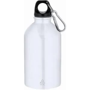 A drink bottle in white with a black lid and a carabiner for easy attachment. Features a logo on the bottle.