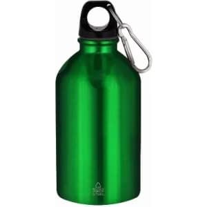 A green metal drink bottle with a black cap and a carabiner attached. The bottle has a sleek, shiny finish.