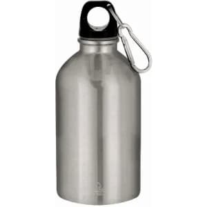 A drink bottle in a stainless steel finish with a black cap and a metal carabiner attached.