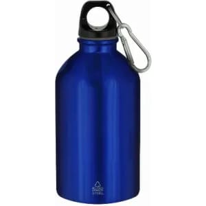 A drink bottle in bright blue with a black lid and a metallic carabiner attached. Features a branding logo.