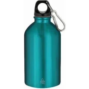 A drink bottle in a shiny teal finish, featuring a black cap and a metal carabiner attached.