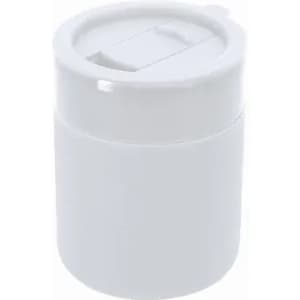 A drink bottle in white with a lid featuring a flip-top opening and a sleek design, complemented by a logo.
