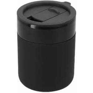 A drink bottle in matte black with a lid and a sliding opening mechanism. Features a branding logo on the side.
