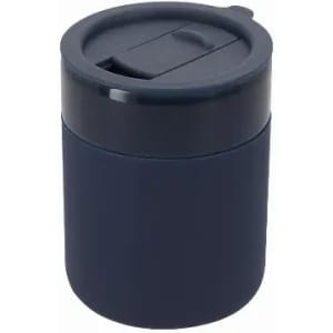 A drink bottle in navy blue with a screw-top lid and a sliding opening for sipping. It has a smooth finish and a logo.