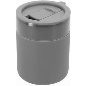 A drink bottle in grey, featuring a secure lid with a slider opening and a smooth cylindrical design.