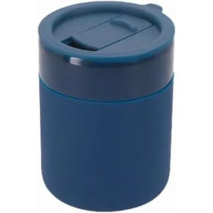 A drink bottle in dark blue with a secure lid and a slot for sipping. Features a simple, sleek design.