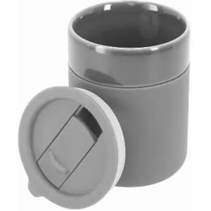 A drink bottle in grey with a removable lid and a smooth, glossy finish. It features a simple design.