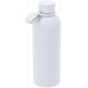 A drink bottle in matte white with a small handle and a silver accent. It features a logo on the body.