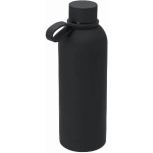 A drink bottle in matte black with a lid and a carrying handle, featuring a logo on the side.