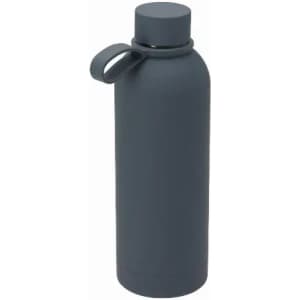 A drink bottle in dark grey with a handle and a simple matte finish. It features a branding logo.