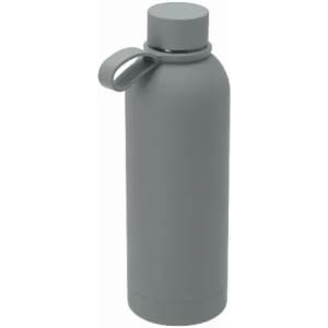 A drink bottle in matte grey with a screw top and a small loop handle. It features a branding logo.