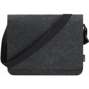 A grey felt messenger bag with a black adjustable strap, featuring a flap closure and a simple design.